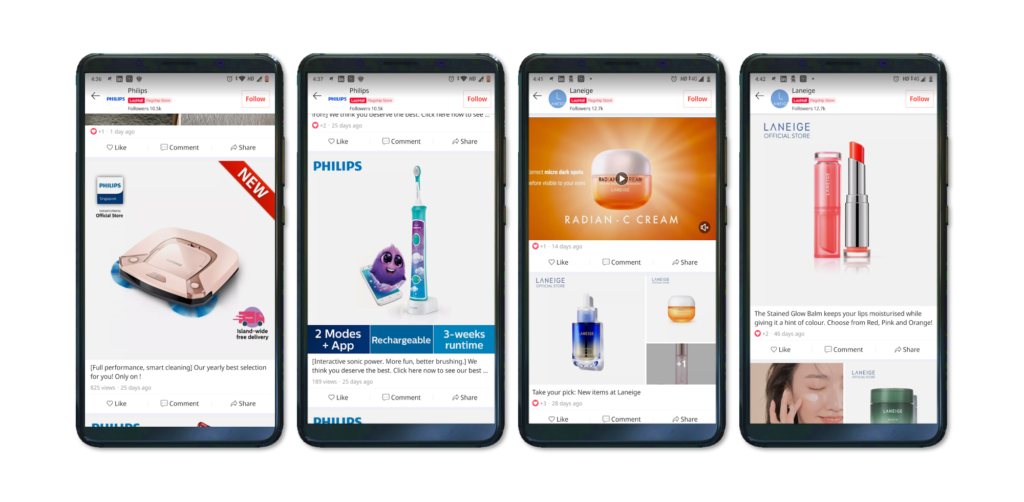 Examples of Lazada Feed Posts by LazMall Brands Laneige and Philips