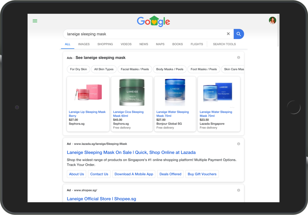 Laneige Google Shopping and Search Ads - Lazada Marketing Agency